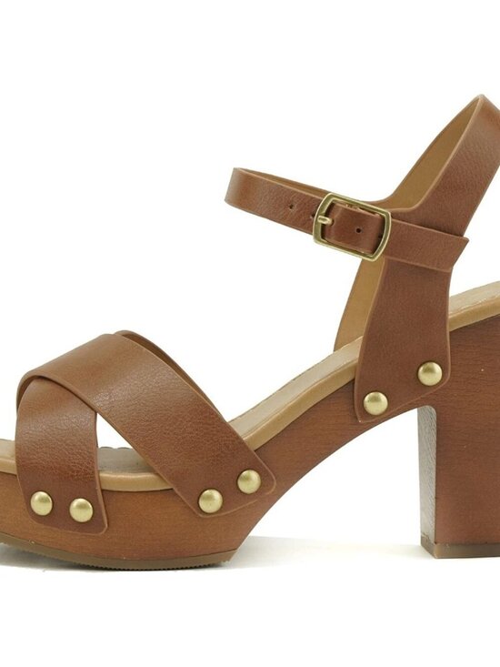 Shoes - Women's Tan Pu Fashion Chunky Platform Block Mid Heel Sandal With Ankle Strap